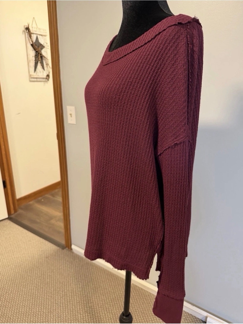 Free People We The Free Waffle Knit Oversized Thermal Top XS Plum Burgundy